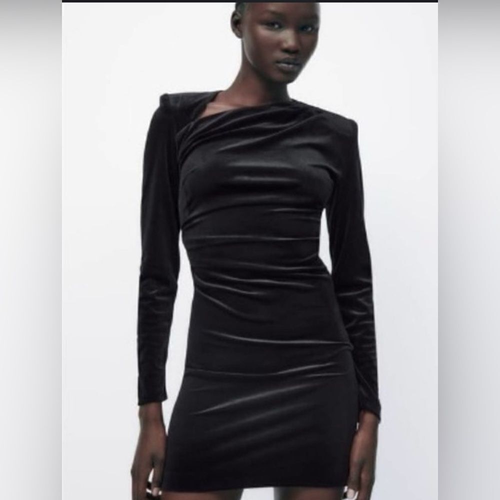 Like New Black Zara Velvet Mini Dress Long Sleeve Asymmetric Neckline xsmall